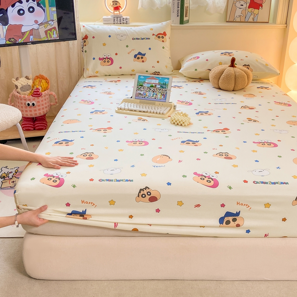 91家纺网 家纺一手货源 找家纺 博雅 2026新款蜡笔小新正版授权全棉纯棉小版单床笠床笠单件 小版-彩色星星蜡笔小新