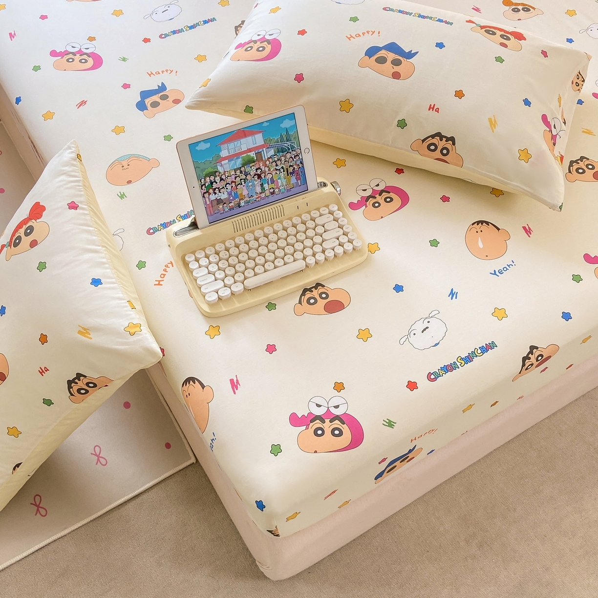 91家纺网 家纺一手货源 找家纺 博雅 2026新款蜡笔小新正版授权全棉纯棉小版单床笠床笠单件 小版-彩色星星蜡笔小新