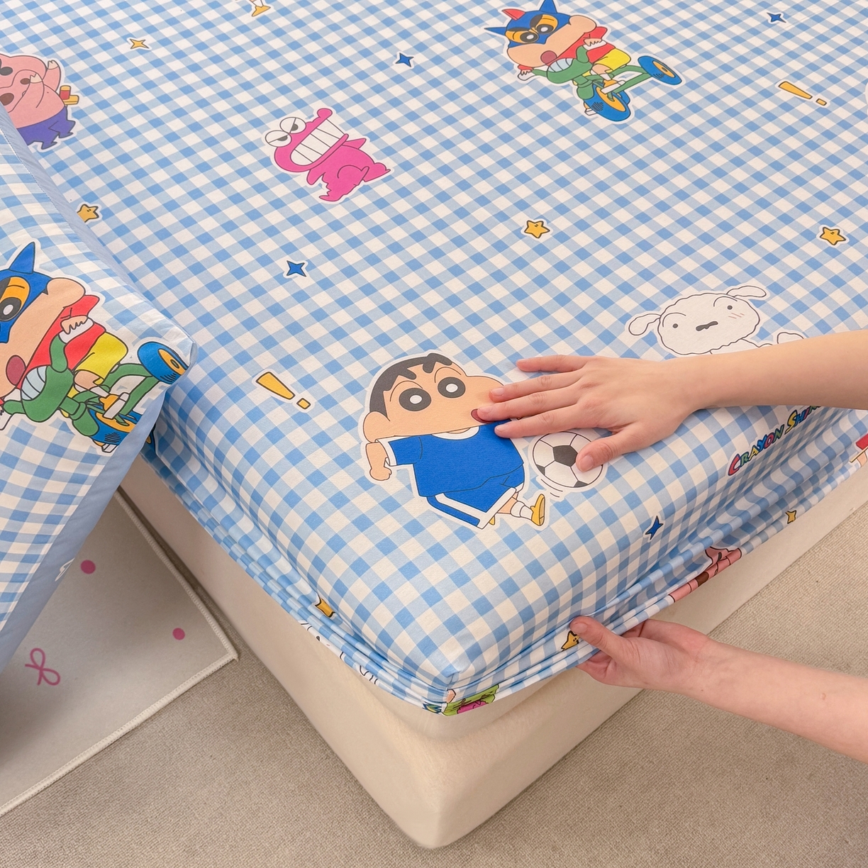 91家纺网 家纺一手货源 找家纺 博雅 2026新款蜡笔小新正版授权全棉纯棉小版单床笠床笠单件 小版-蓝格蜡笔小新