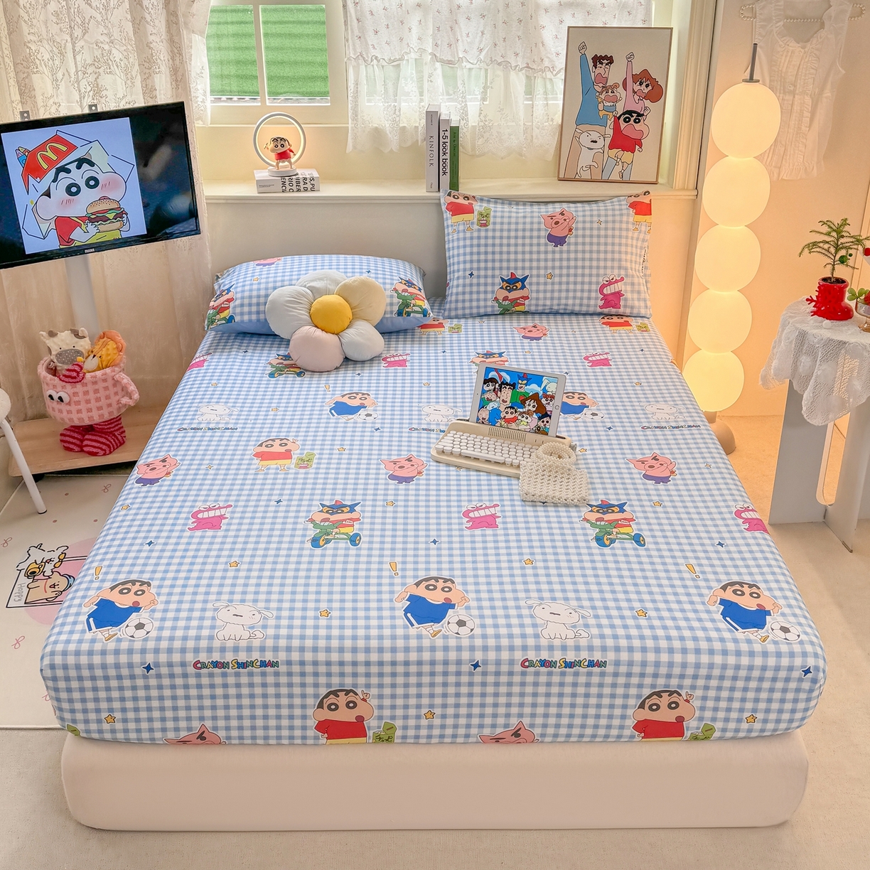 91家纺网 家纺一手货源 找家纺 博雅 2026新款蜡笔小新正版授权全棉纯棉小版单床笠床笠单件 小版-蓝格蜡笔小新