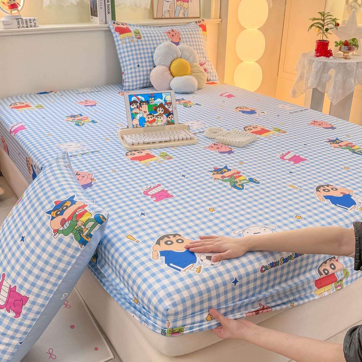 91家纺网 家纺一手货源 找家纺 博雅 2026新款蜡笔小新正版授权全棉纯棉小版单床笠床笠单件 小版-蓝格蜡笔小新
