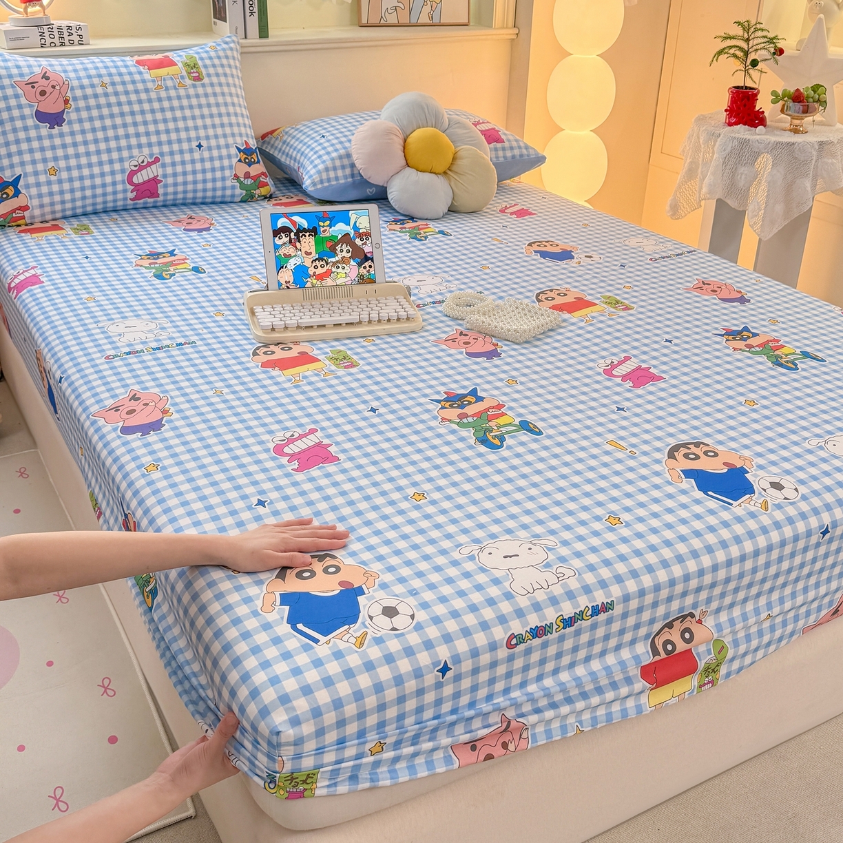 博雅 2026新款蜡笔小新正版授权全棉纯棉小版单床笠床笠单件 小版-蓝格蜡笔小新