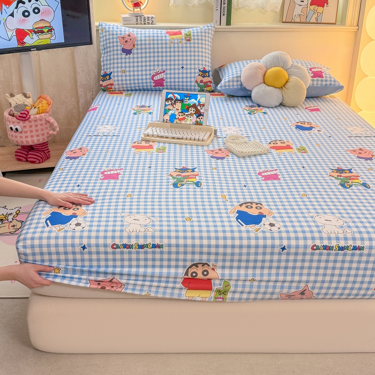 91家纺网 家纺一手货源 找家纺 博雅 2026新款蜡笔小新正版授权全棉纯棉小版单床笠床笠单件 小版-蓝格蜡笔小新