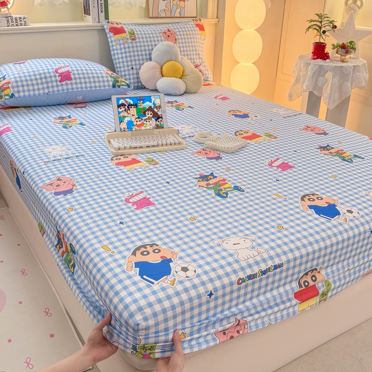 91家纺网 家纺一手货源 找家纺 博雅 2026新款蜡笔小新正版授权全棉纯棉小版单床笠床笠单件 小版-蓝格蜡笔小新