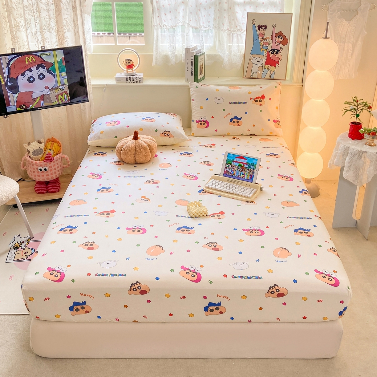 91家纺网 家纺一手货源 找家纺 博雅 2026新款蜡笔小新正版授权全棉纯棉小版单床笠床笠单件 小版-彩色星星蜡笔小新