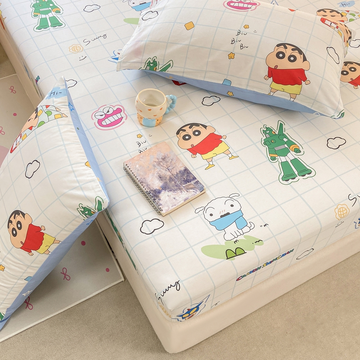 91家纺网 家纺一手货源 找家纺 博雅 2026新款蜡笔小新正版授权全棉纯棉小版单床笠床笠单件 小版-小新格子屋