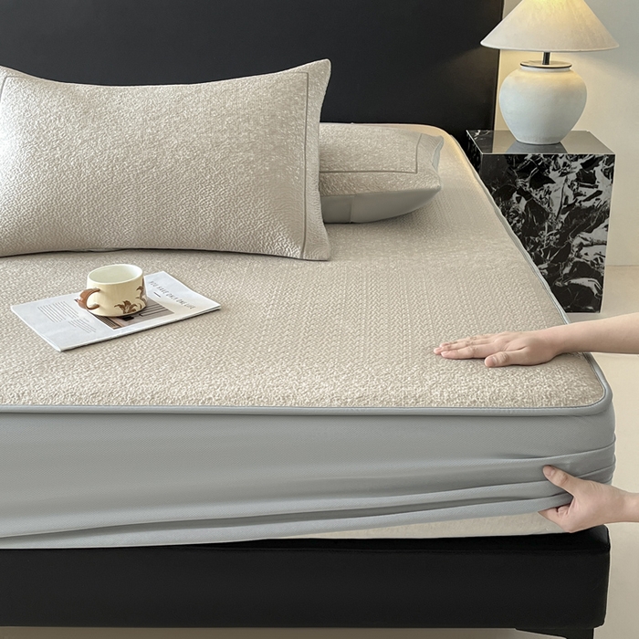 91家纺网 家纺一手货源 找家纺 雅居纺家纺 2026新款A类加厚三明治底星空提花凉感席床笠款凉席席子 星空-卡其