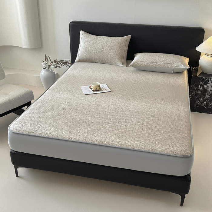 91家纺网 家纺一手货源 找家纺 雅居纺家纺 2026新款A类加厚三明治底星空提花凉感席床笠款凉席席子 星空-卡其