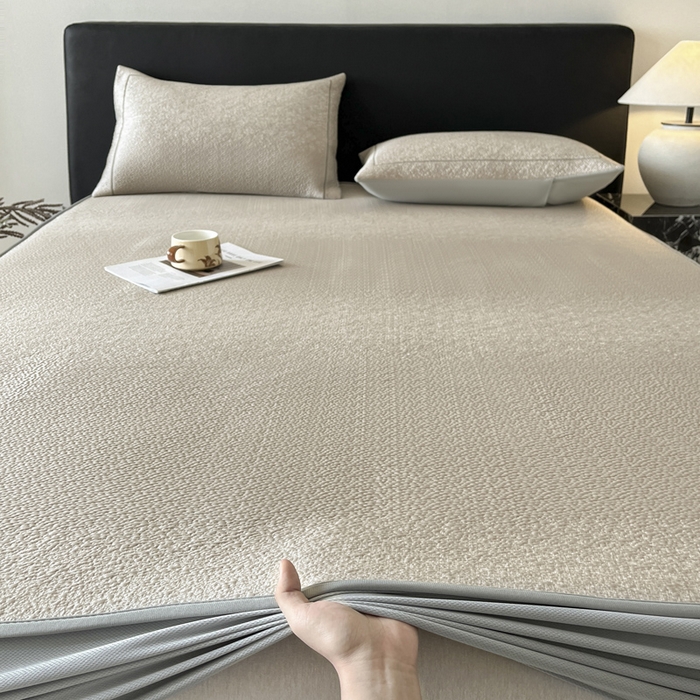 91家纺网 家纺一手货源 找家纺 雅居纺家纺 2026新款A类加厚三明治底星空提花凉感席床笠款凉席席子 星空-卡其