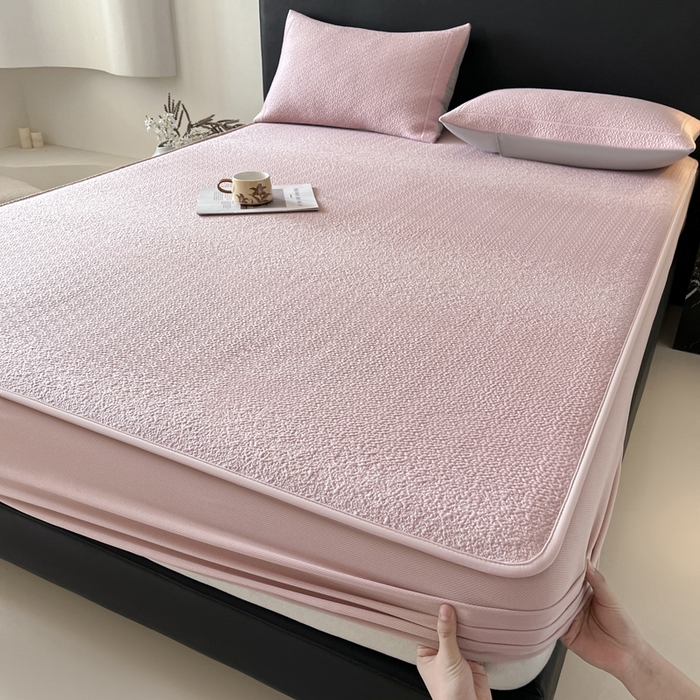 91家纺网 家纺一手货源 找家纺 雅居纺家纺 2026新款A类加厚三明治底星空提花凉感席床笠款凉席席子 星空-粉