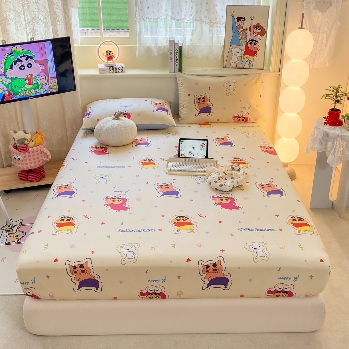 91家纺网 家纺一手货源 找家纺 博雅 2026新款蜡笔小新正版授权全棉纯棉小版单床笠床笠单件 小版-小彩带蜡笔小新