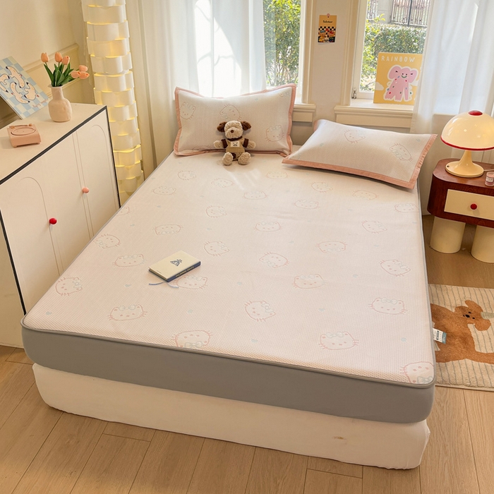 91家纺网 家纺一手货源 找家纺 雅居纺家纺 2026新款A类加厚三明治底提花小清新凉感席床笠款凉席席子 蝴蝶结猫咪