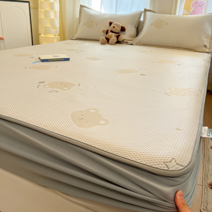 雅居纺家纺 2026新款A类加厚三明治底提花小清新凉感席床笠款凉席席子 星星小熊