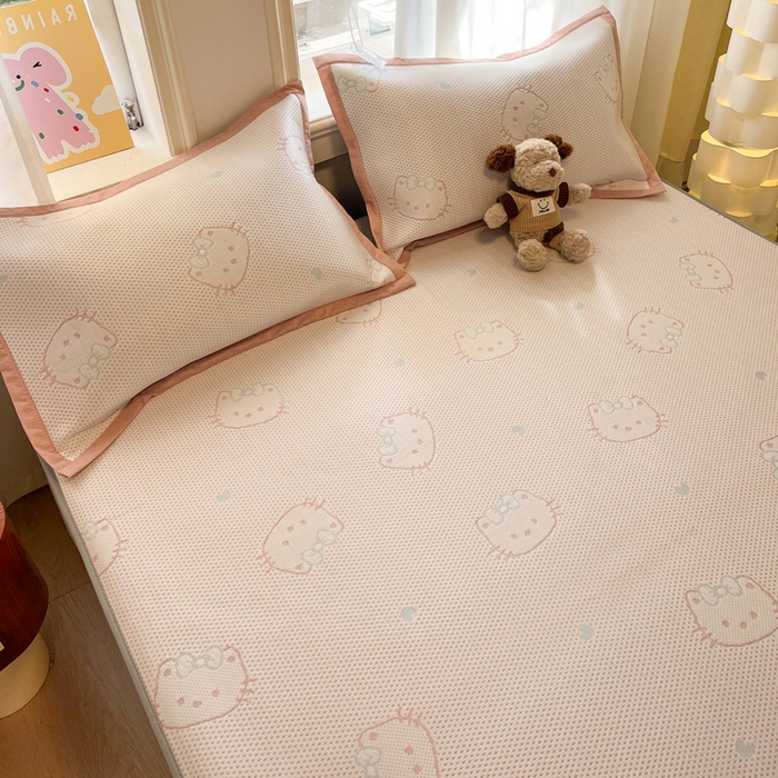 91家纺网 家纺一手货源 找家纺 雅居纺家纺 2026新款A类加厚三明治底提花小清新凉感席床笠款凉席席子 蝴蝶结猫咪