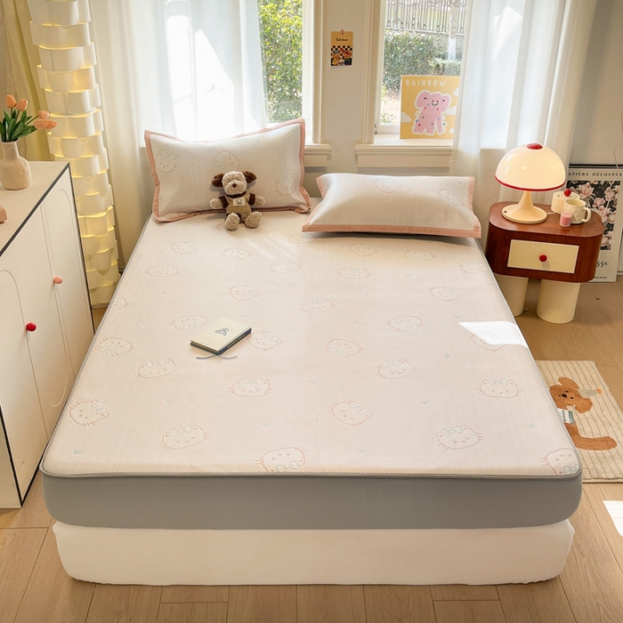 91家纺网 家纺一手货源 找家纺 雅居纺家纺 2026新款A类加厚三明治底提花小清新凉感席床笠款凉席席子 蝴蝶结猫咪