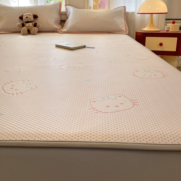 91家纺网 家纺一手货源 找家纺 雅居纺家纺 2026新款A类加厚三明治底提花小清新凉感席床笠款凉席席子 蝴蝶结猫咪