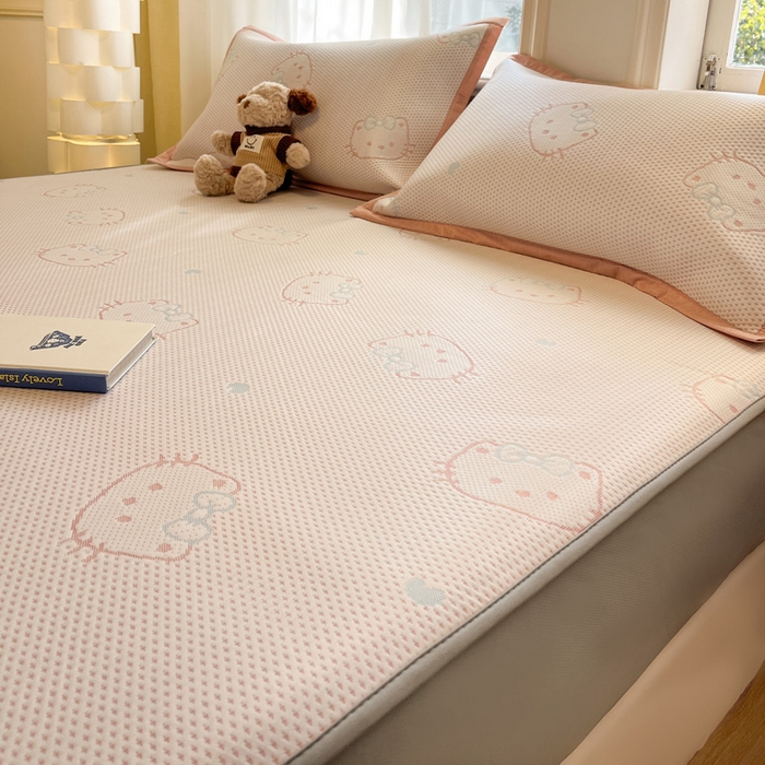 91家纺网 家纺一手货源 找家纺 雅居纺家纺 2026新款A类加厚三明治底提花小清新凉感席床笠款凉席席子 蝴蝶结猫咪