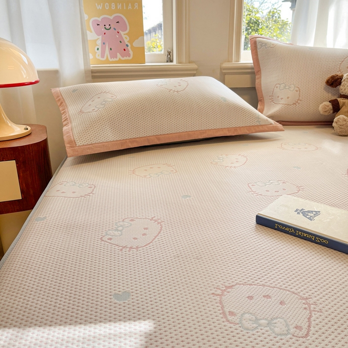 91家纺网 家纺一手货源 找家纺 雅居纺家纺 2026新款A类加厚三明治底提花小清新凉感席床笠款凉席席子 蝴蝶结猫咪