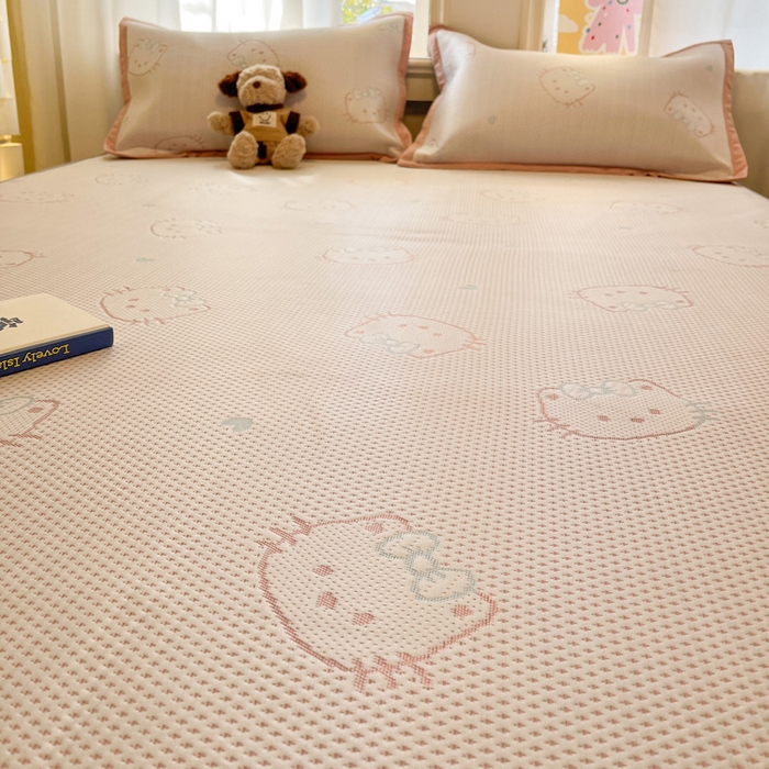 91家纺网 家纺一手货源 找家纺 雅居纺家纺 2026新款A类加厚三明治底提花小清新凉感席床笠款凉席席子 蝴蝶结猫咪