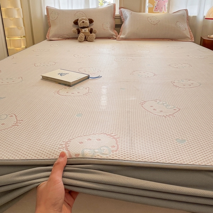 91家纺网 家纺一手货源 找家纺 雅居纺家纺 2026新款A类加厚三明治底提花小清新凉感席床笠款凉席席子 蝴蝶结猫咪