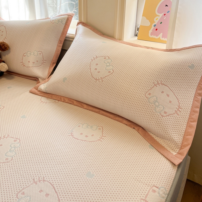 91家纺网 家纺一手货源 找家纺 雅居纺家纺 2026新款A类加厚三明治底提花小清新凉感席床笠款凉席席子 蝴蝶结猫咪