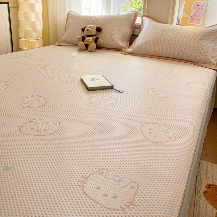 91家纺网 家纺一手货源 找家纺 雅居纺家纺 2026新款A类加厚三明治底提花小清新凉感席床笠款凉席席子 蝴蝶结猫咪