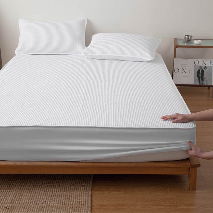 91家纺网 家纺一手货源 找家纺 宇淳国际 2026新款美人条A类水洗棉夹棉床笠三件套 白色