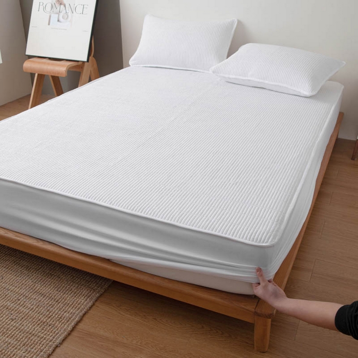 91家纺网 家纺一手货源 找家纺 宇淳国际 2026新款美人条A类水洗棉夹棉床笠三件套 白色