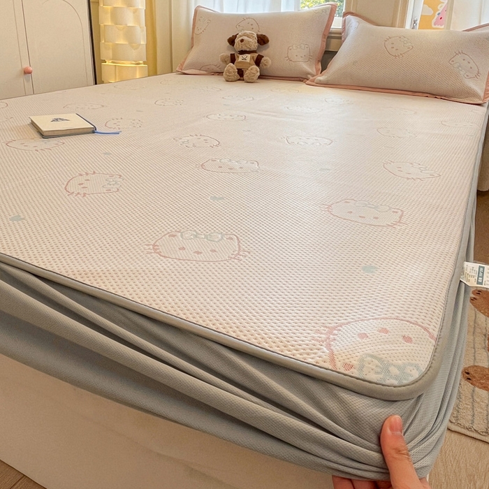 雅居纺家纺 2026新款A类加厚三明治底提花小清新凉感席床笠款凉席席子 蝴蝶结猫咪