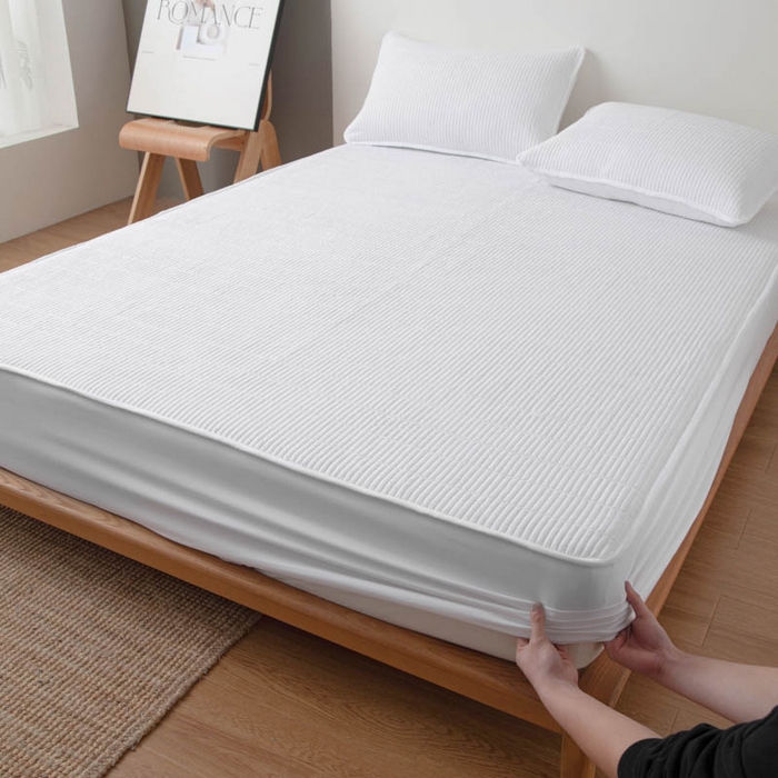 91家纺网 家纺一手货源 找家纺 宇淳国际 2026新款美人条A类水洗棉夹棉床笠三件套 白色