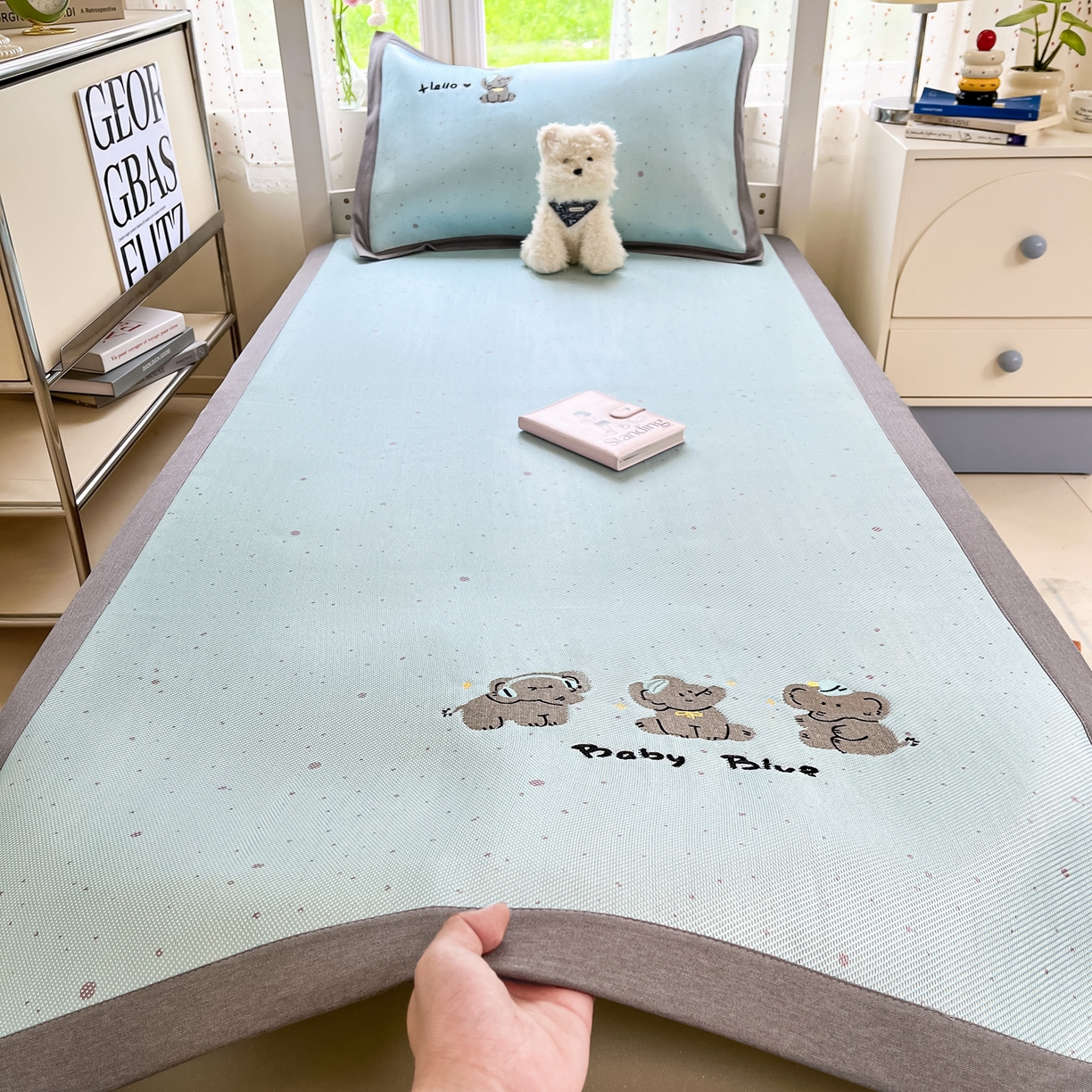 雅居纺家纺 2026新款A类加厚三明治底绣花冰藤席学生宿舍床床单款凉席席子 小象家族