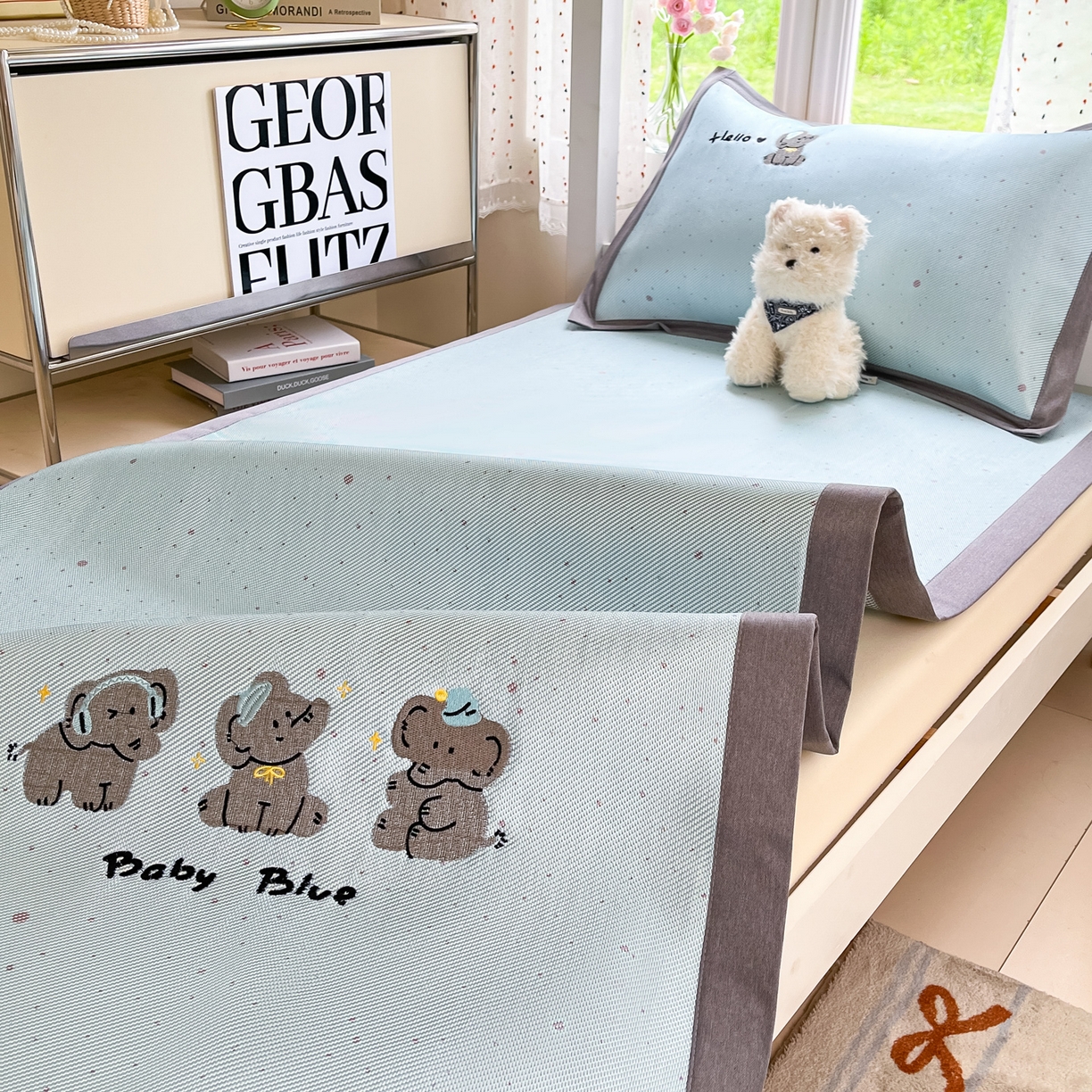 91家纺网 家纺一手货源 找家纺 雅居纺家纺 2026新款A类加厚三明治底绣花冰藤席学生宿舍床床单款凉席席子 小象家族