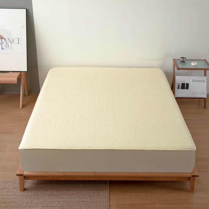 91家纺网 家纺一手货源 找家纺 宇淳国际 2026新款美人条A类水洗棉夹棉床笠三件套 奶黄