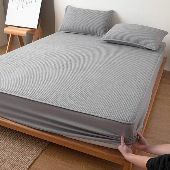 91家纺网 家纺一手货源 找家纺 宇淳国际 2026新款美人条A类水洗棉夹棉床笠三件套 浅灰