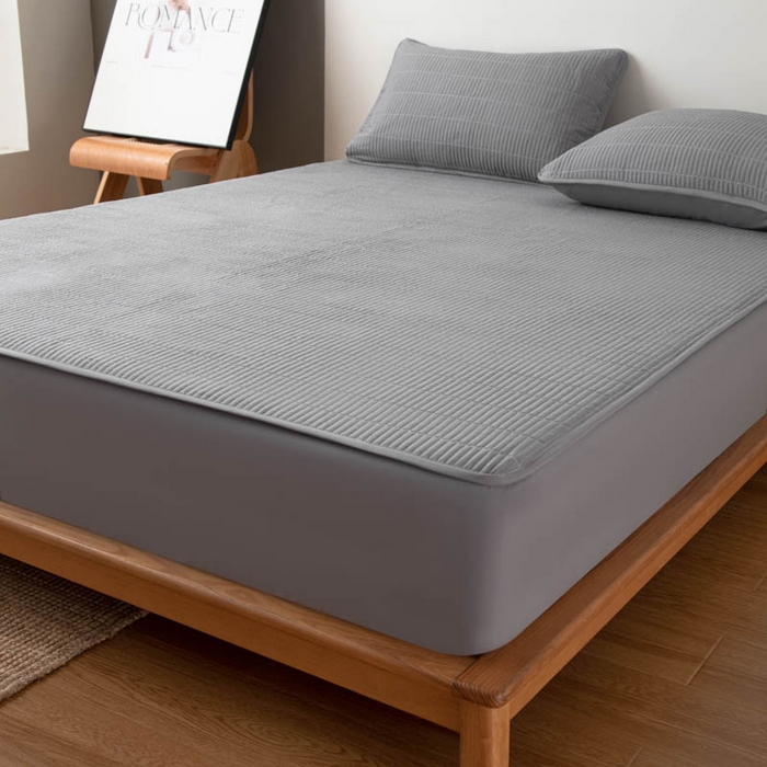 91家纺网 家纺一手货源 找家纺 宇淳国际 2026新款美人条A类水洗棉夹棉床笠三件套 浅灰