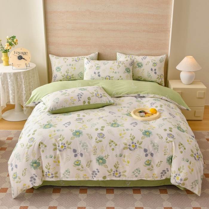 91家纺网 家纺一手货源 找家纺 宇彬家纺 2026直播新款13070全棉纯棉印花单双人被套喷气小清新简约热款学生被罩 花韵花香 绿