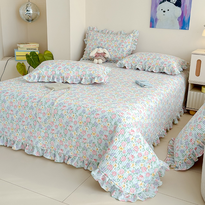 91家纺网 家纺一手货源 找家纺 归属 2026春夏新款古法仿棉单床盖床盖三件套 雾漫玫瑰