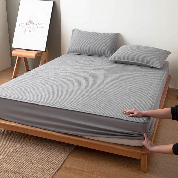 91家纺网 家纺一手货源 找家纺 宇淳国际 2026新款美人条A类水洗棉夹棉床笠三件套 浅灰