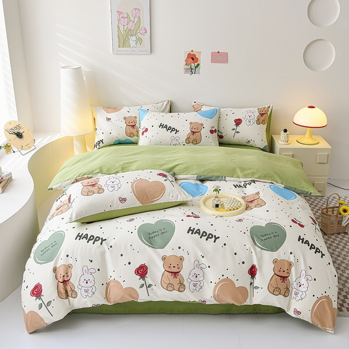 91家纺网 家纺一手货源 找家纺 宇彬家纺 2026直播新款13070全棉纯棉印花单双人被套喷气小清新简约热款学生被罩 熊和兔