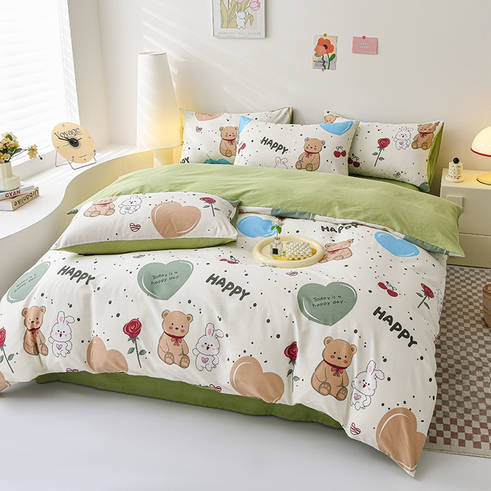 91家纺网 家纺一手货源 找家纺 宇彬家纺 2026直播新款13070全棉纯棉印花单双人被套喷气小清新简约热款学生被罩 熊和兔