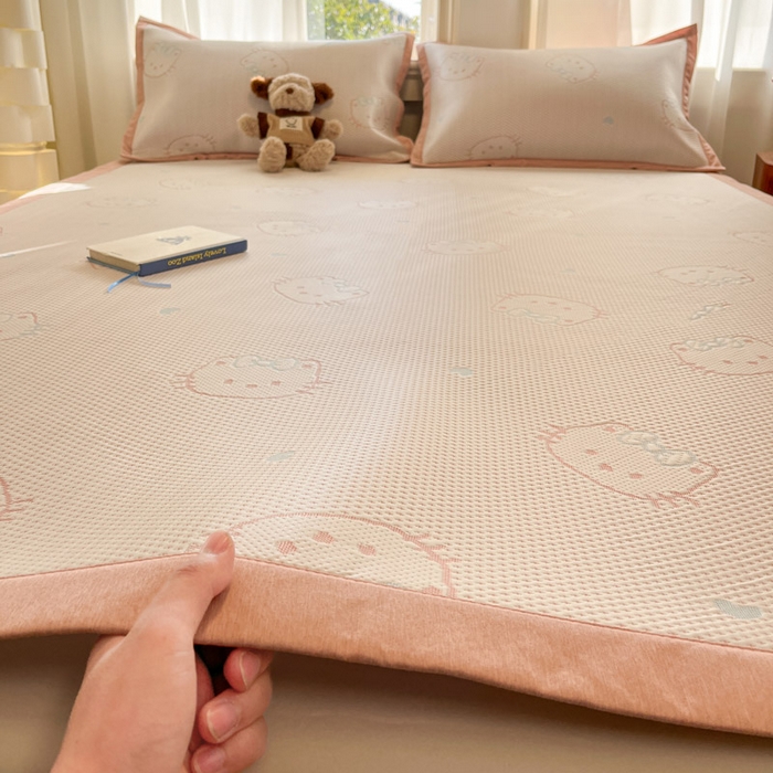 雅居纺家纺 2026新款A类加厚三明治底提花小清新凉感席床单款凉席席子 蝴蝶结猫咪