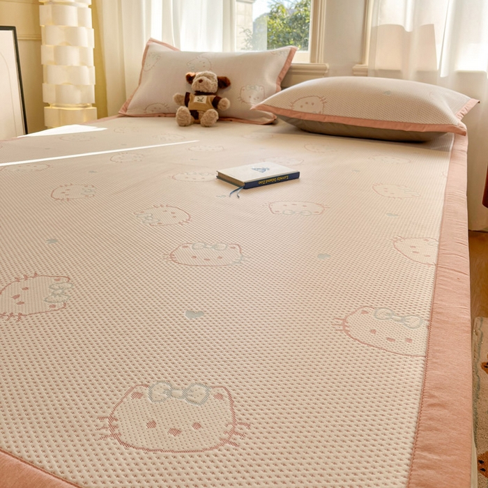 91家纺网 家纺一手货源 找家纺 雅居纺家纺 2026新款A类加厚三明治底提花小清新凉感席床单款凉席席子 蝴蝶结猫咪