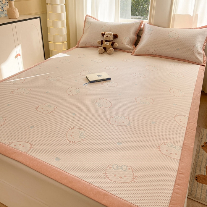 91家纺网 家纺一手货源 找家纺 雅居纺家纺 2026新款A类加厚三明治底提花小清新凉感席床单款凉席席子 蝴蝶结猫咪