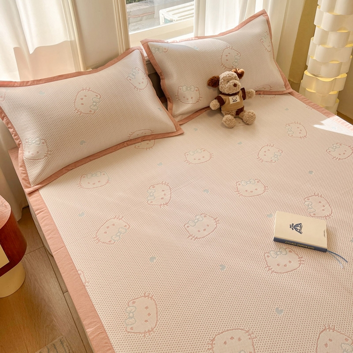 91家纺网 家纺一手货源 找家纺 雅居纺家纺 2026新款A类加厚三明治底提花小清新凉感席床单款凉席席子 蝴蝶结猫咪