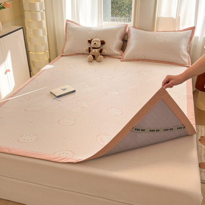 91家纺网 家纺一手货源 找家纺 雅居纺家纺 2026新款A类加厚三明治底提花小清新凉感席床单款凉席席子 蝴蝶结猫咪