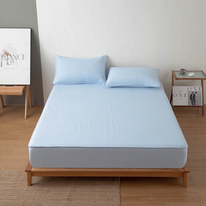 宇淳国际 2026新款美人条A类水洗棉夹棉床笠三件套 天蓝