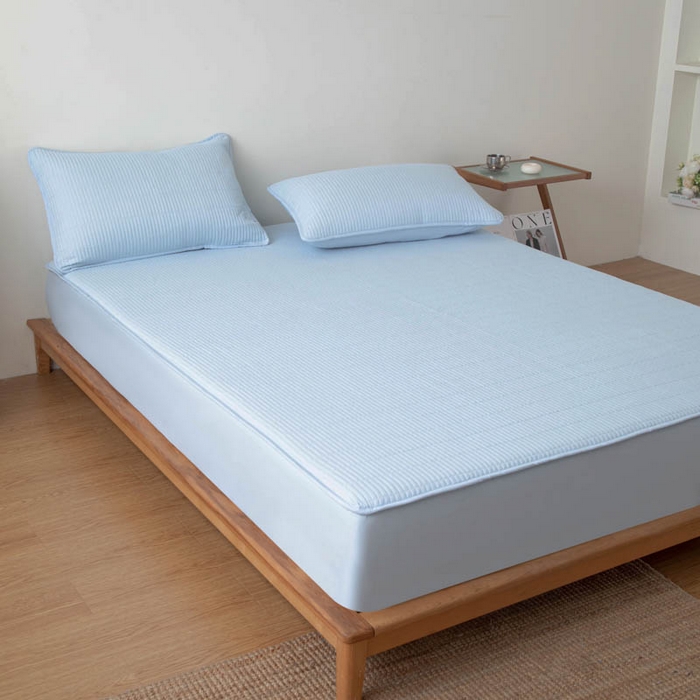 91家纺网 家纺一手货源 找家纺 宇淳国际 2026新款美人条A类水洗棉夹棉床笠三件套 天蓝