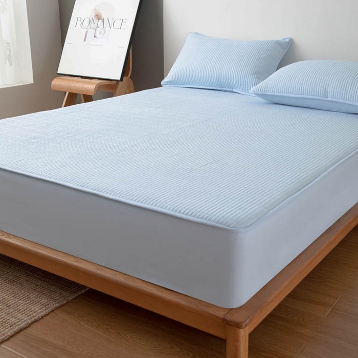 91家纺网 家纺一手货源 找家纺 宇淳国际 2026新款美人条A类水洗棉夹棉床笠三件套 天蓝