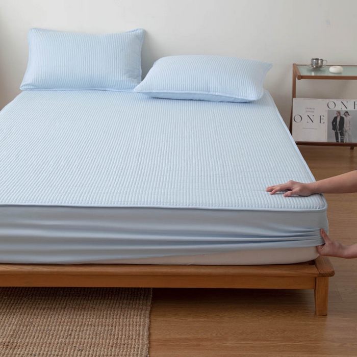 91家纺网 家纺一手货源 找家纺 宇淳国际 2026新款美人条A类水洗棉夹棉床笠三件套 天蓝