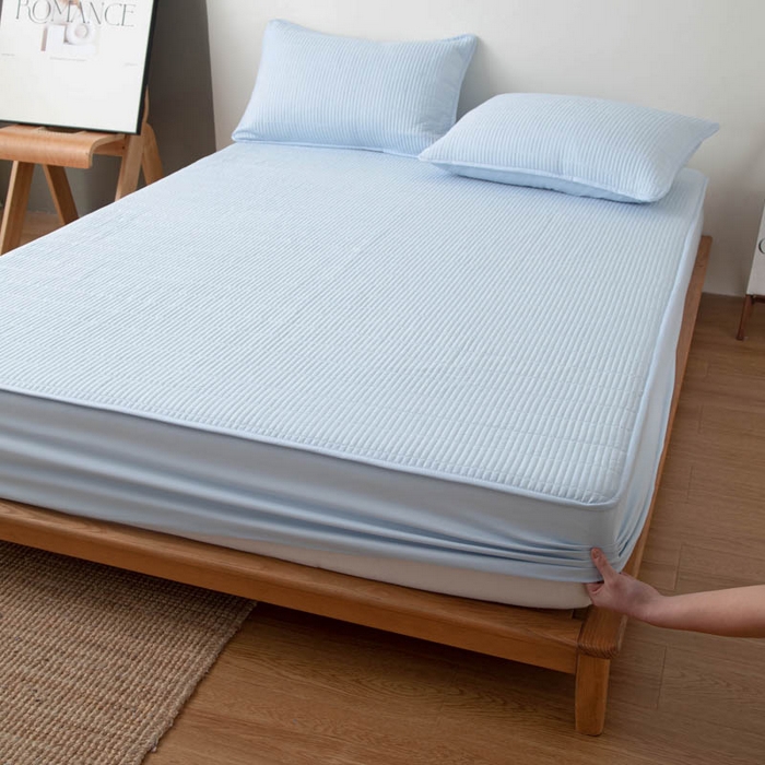 91家纺网 家纺一手货源 找家纺 宇淳国际 2026新款美人条A类水洗棉夹棉床笠三件套 天蓝